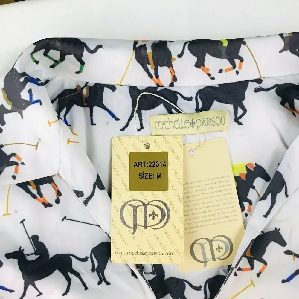 Michelle Parisou M Popover Shirt White Horse Polo Jockey Equestrian NWT CL17